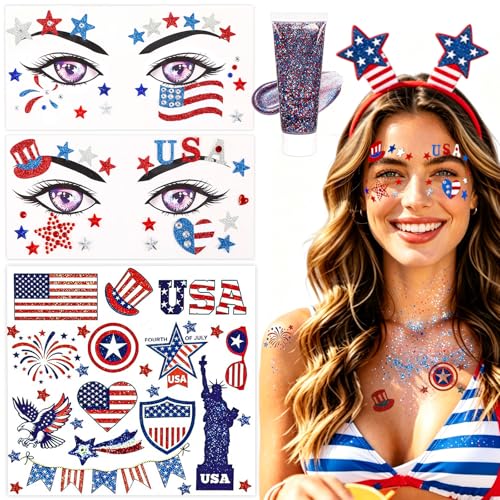 4th of July Face Stickers & Patriotic Glitter Tattoo Set