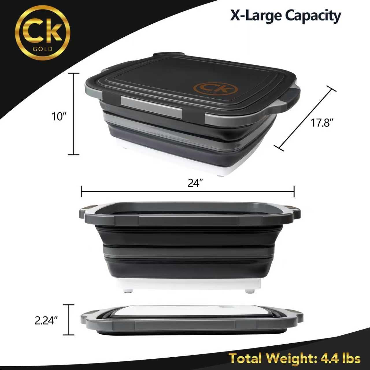 CK GOLD New XL Collapsible BBQ Prep Tub with LOCKING Lid, Cutting Board & Drain Hole | BPA-Free, Food-Grade, Space-Saving Marinating Container for Grilling, Kitchen & Outdoor Cooking (Black, 30 L)