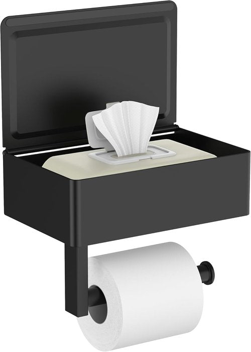 FORIOUS Toilet Paper Holder - Wall-Mounted Storage with Shelf & Tampon Receptacle - Matte Black