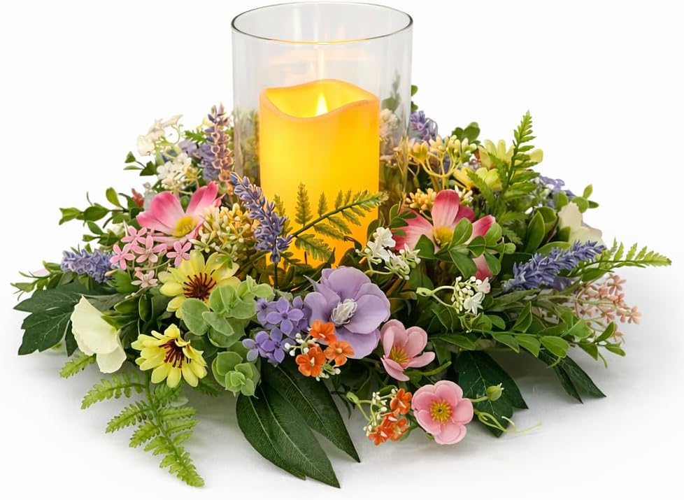 Skiennix Floral Candle Holder - Glass Hurricane with Detachable Wreath | Spring Centerpiece for Home & Weddings