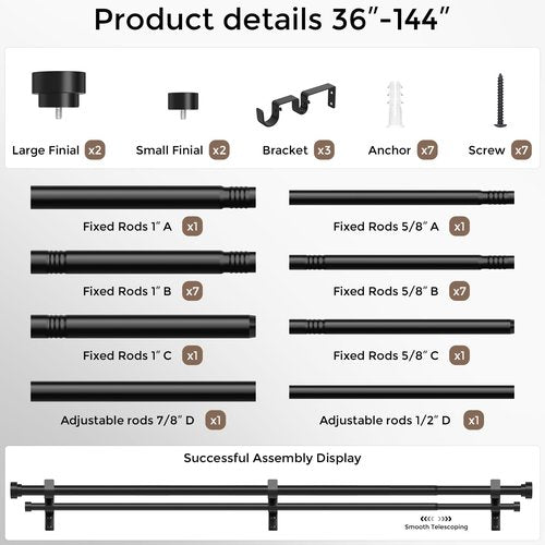 Double Curtain Rod, 1 Inch Black Extra Long Dual Curtain Rods 72 to 144 Inch with Aluminium Modern End Cap Finial, Adjustable Heavy Duty Window Treatment Rods, Telescopic Metal Double Drapery Pole Set
