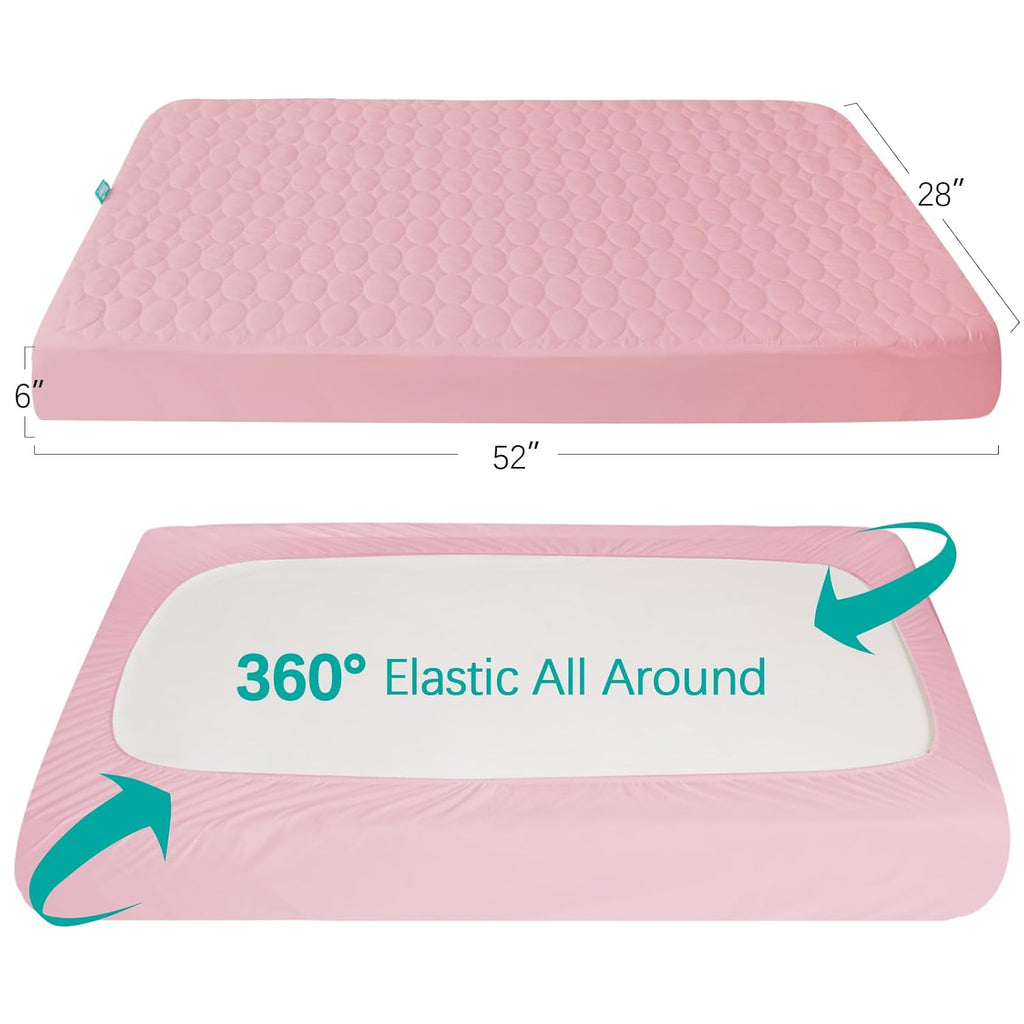 Skiennix Crib Mattress Protector Sheets - Waterproof Quilted Pad Cover for Baby & Toddler | Grey & Pink, 52” x 28”
