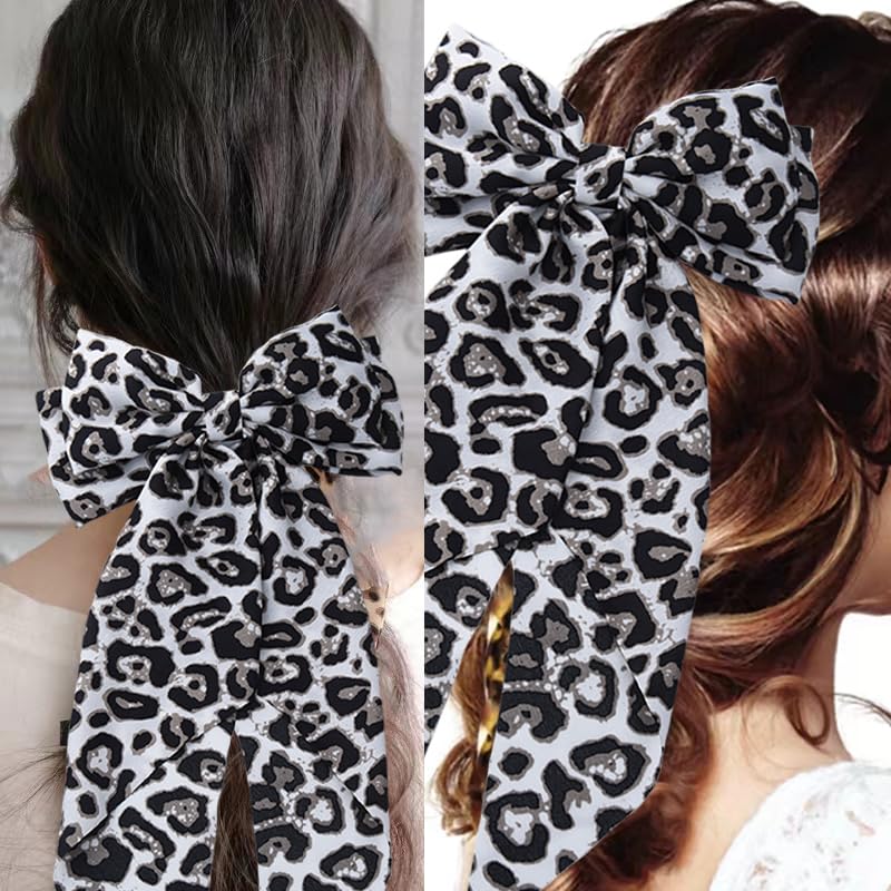 Big Leopard Print Hair Bow Clip - Oversized Satin Ribbon Barrette