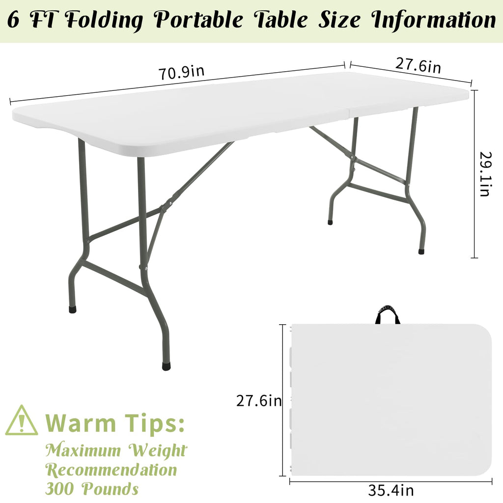 Fivenl 2 Pack 6 FT Folding Tables White Foldable Table, Fold-in-Half with Carrying Handle Portable Plastic Rectangular Table for Party, Dining, Wedding, Camping, Picnic, Indoor Outdoor Events