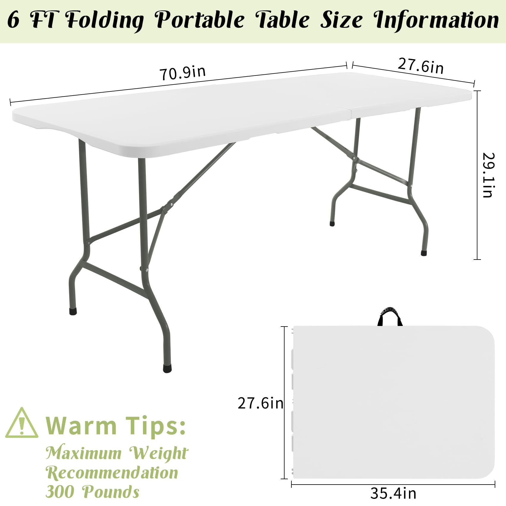 Fivenl 2 Pack 6 FT Folding Tables White Foldable Table, Fold-in-Half with Carrying Handle Portable Plastic Rectangular Table for Party, Dining, Wedding, Camping, Picnic, Indoor Outdoor Events