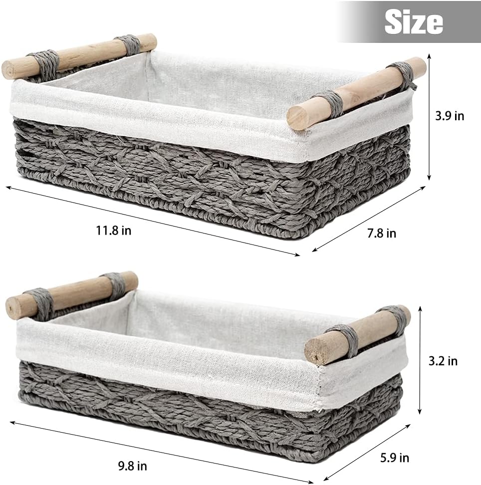 Skiennix Wicker Storage Baskets - Stylish Organizing Bins for Counter & Toilet Paper | Set of 2, Grey