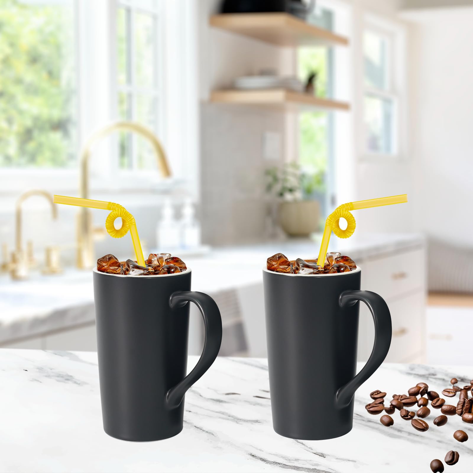 Momugs 20 OZ Large Ceramic Coffee Mug Simple Pure Black Mug Set of 2 Plain Tall Milk Tea Coffee cups with Handle for Office Home as A Gift for Dad Mom Friends