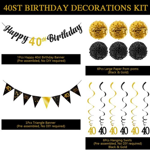 TOBATOBA 40th Birthday Decorations Kit for Men Women, Black Gold Happy 40th Birthday Banner, Triangle Flag Banner 40th Birthday Party Decorations, 40 Year Old Birthday Party Supplies Pre-assembled