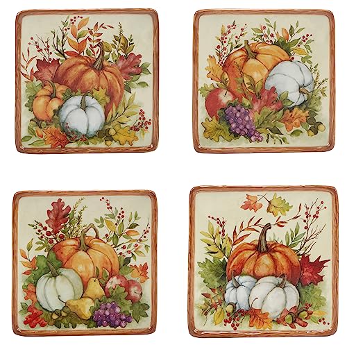 Harvest Blessings Set of 4 Ceramic Canape Plates ? Perfect for appetizers, desserts, or small bites, these festive plates bring fall cheer and elegant seasonal style to your entertaining table