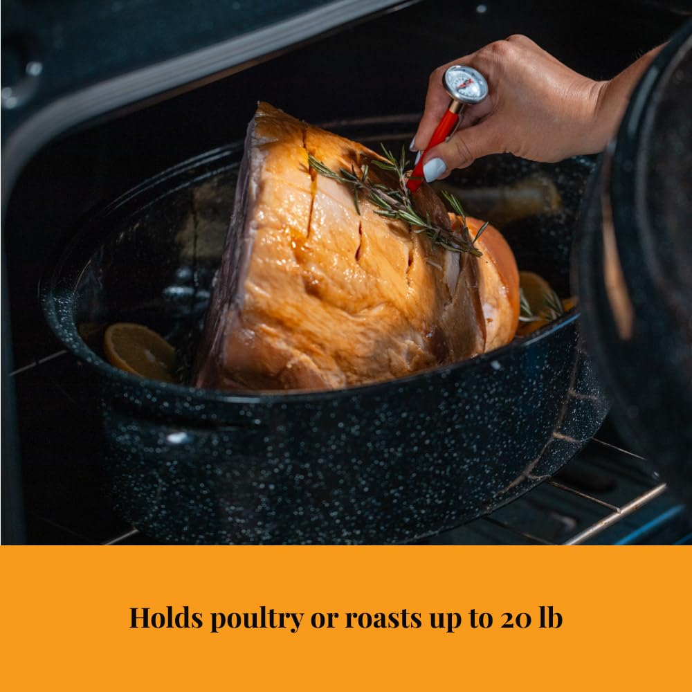 Granite Ware 19 in Oval Roaster Set (10pcs), includes Lid, Rack, 2 pack brining bags, oven/grill-safe meat Thermometer, Turkey Baster with silicone bulb, and a small brush.