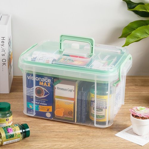 HEY FOLY 15qt Clear Medicine Organizer - Thickened Plastic Storage Box with Tray & Labels