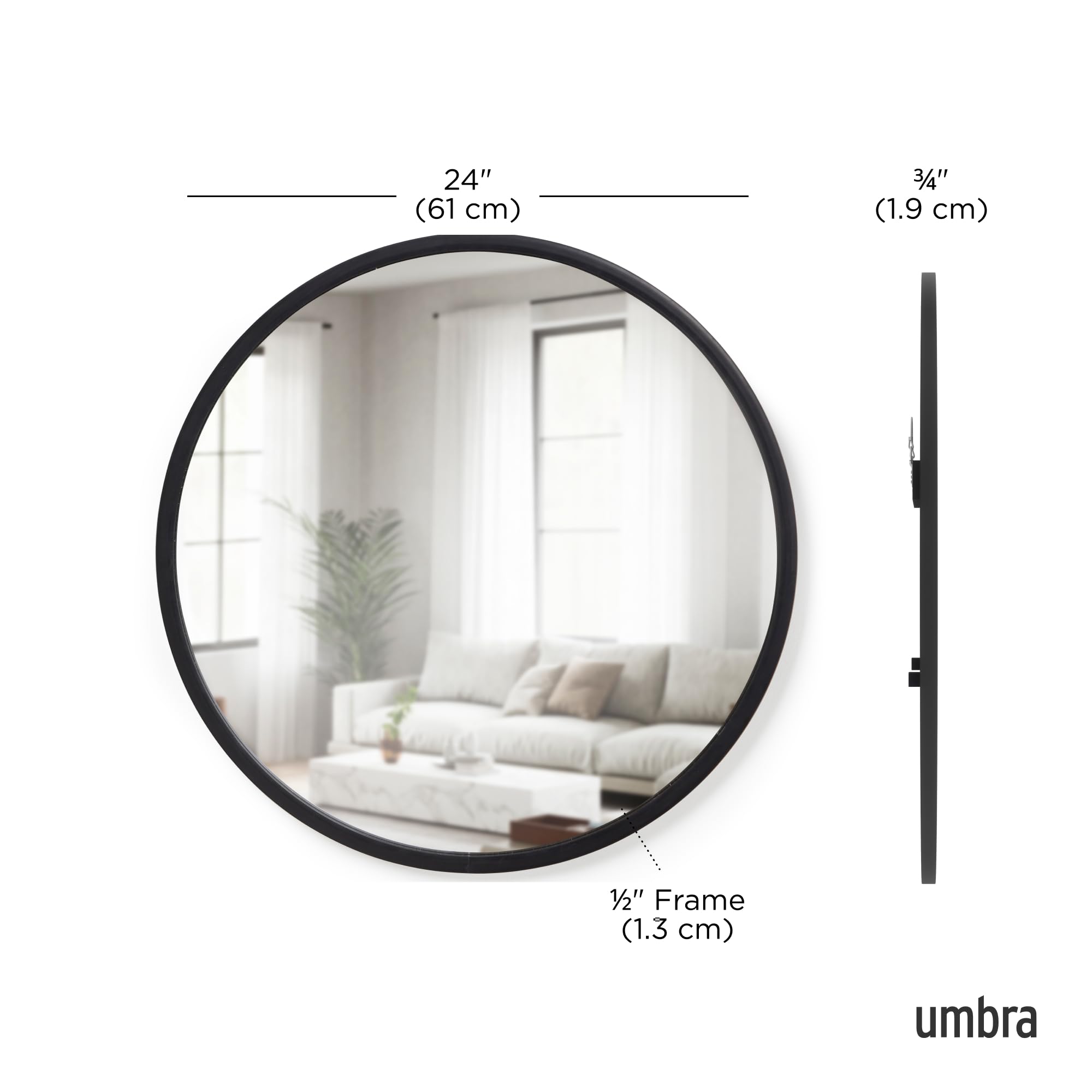 Umbra Hub Round Wall Mirror with Rubber Frame, Modern Style for Bathroom, Entryway, Living Room and More, 24-Inch, Black