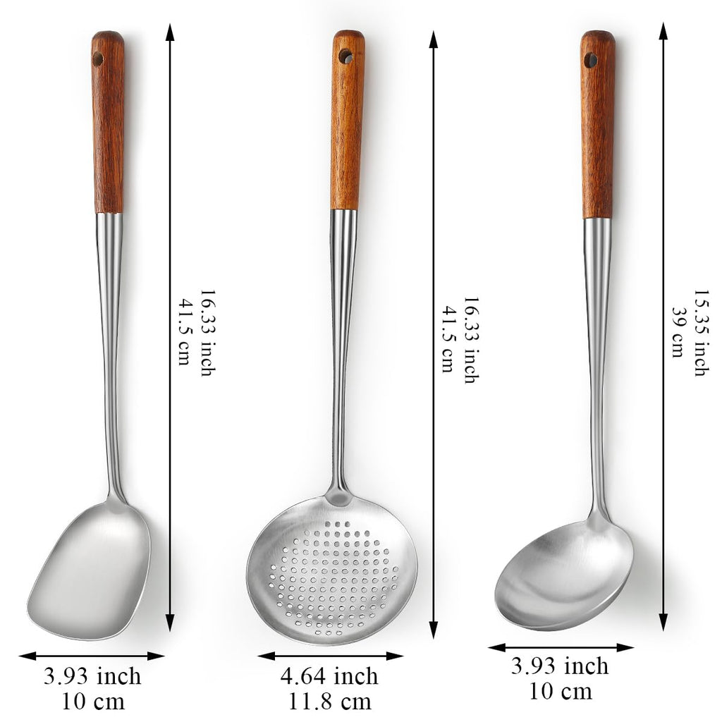 Evanda Wok Spatula Set 17", Heat Resistant Wood Handle Stainless Steel Wok Tools, Ladle, Metal Spatula, Kitchen Skimmer, Professional Kitchen Cooking Utensils Set, Wok Accessories Dishwasher Safe