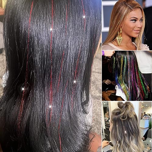 Red Hair Tinsel Kit with Tools & 1200 Strands Heat Resistant Fairy Glitter Extensions
