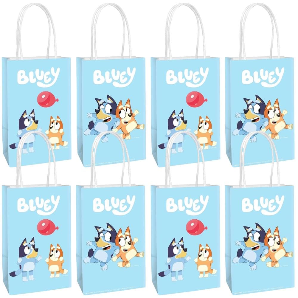 Multicolor Bluey Printed Party Favor Bags - 8.25" x 5.25" x 3", Pack of 8 Blue Kraft Treat Bags - Perfect Paper Bags for Kids Birthday, Baby Shower, Themed Party & More
