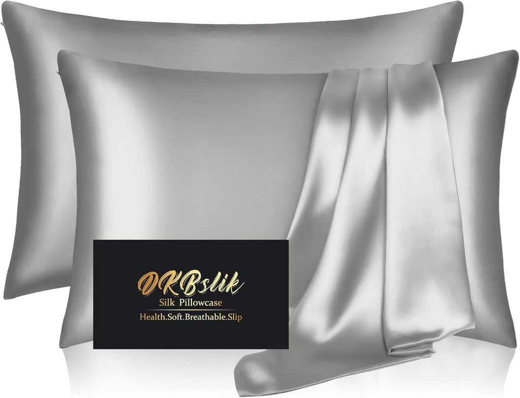 Mulberry Silk Pillowcase Set by Skiennix - Anti-Acne & Hair Care | King Size, Silver Grey, 2 Pack