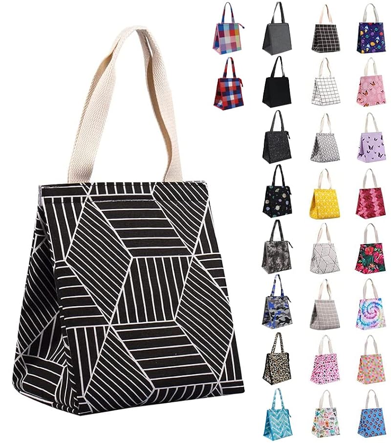 iknoe 9L Insulated Lunch Bag - Black Rhombus, Hook and Loop Closure Tote