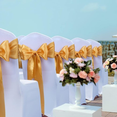 Babenest Satin Chair Sashes - 50 Pcs Upgraded Chair Ribbons & Bows for Weddings & Events | Gold