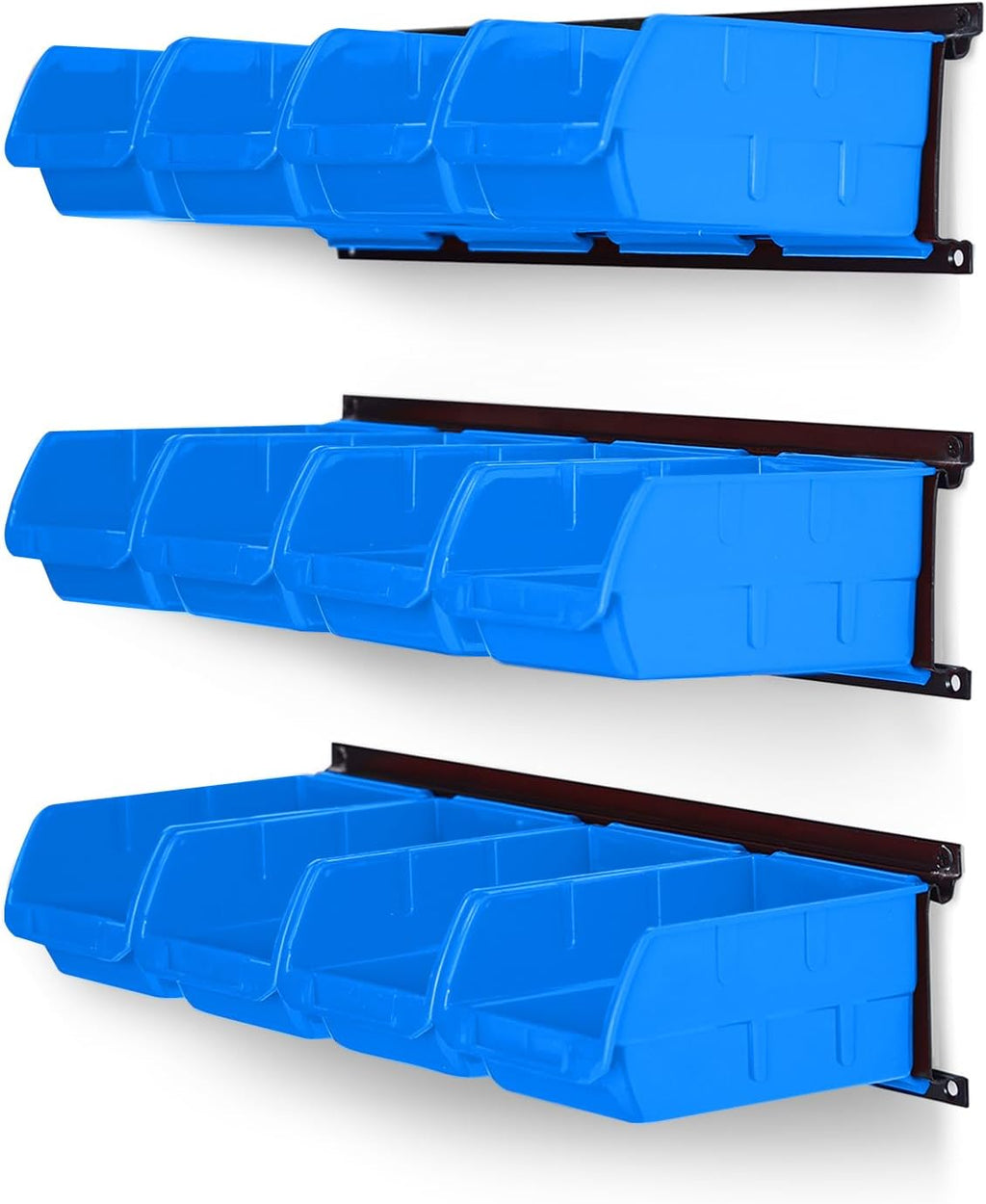 Ultrawall Wall Mounted Storage Bins - Plastic Organizer for Garage Tools | 12 Bins & 3 Rails, Blue