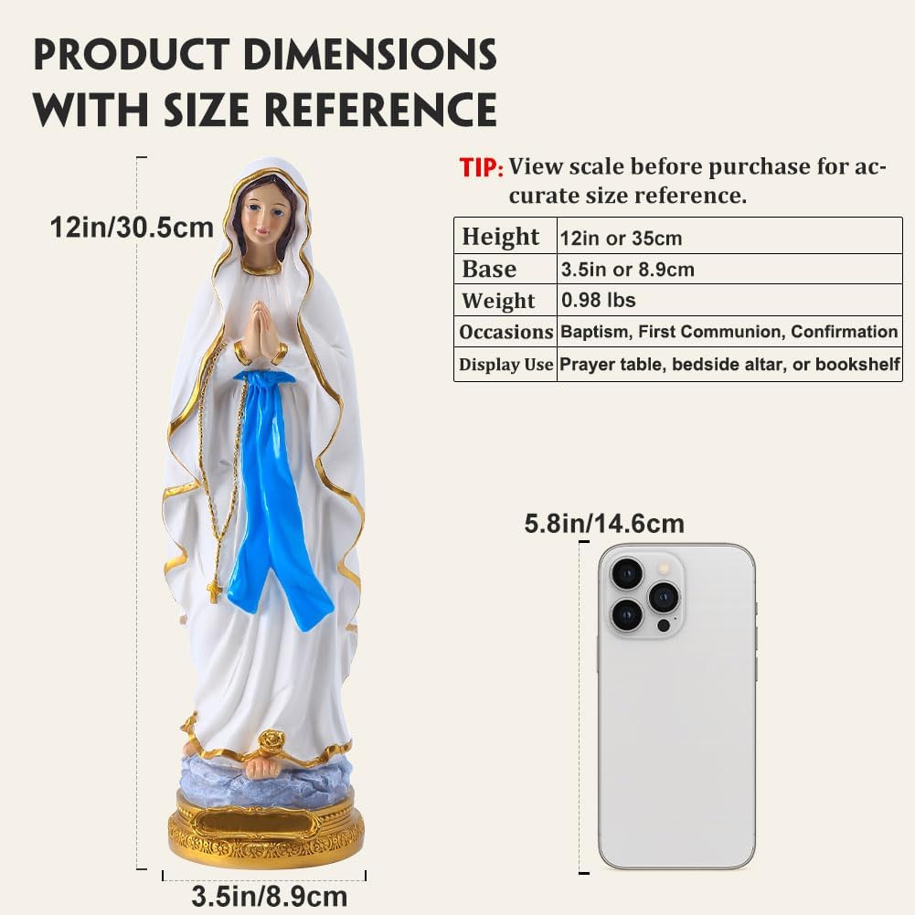 QIANLING 12-Inch Lourdes Virgin Mary Statue - Hand-Painted Catholic Figurine for Home Decor & Prayer Room
