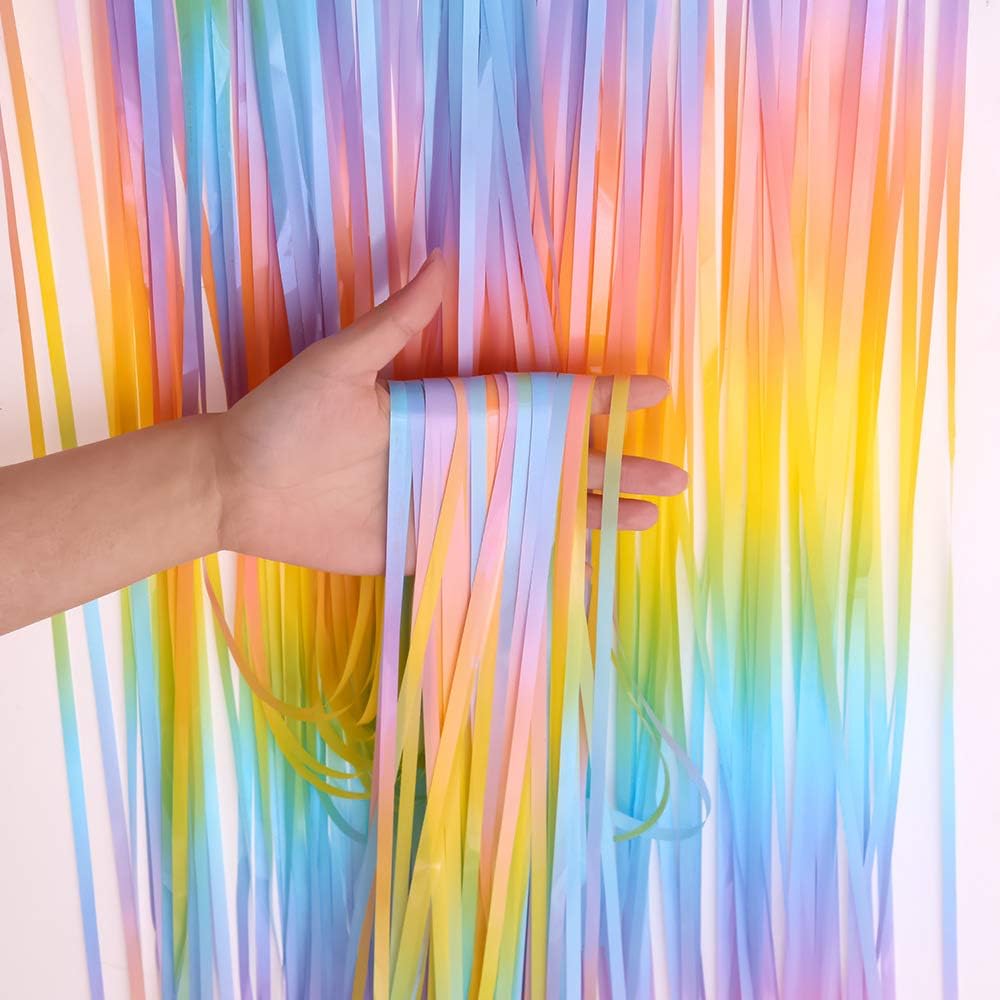Skiennix Fringe Curtains - Tinsel Backdrop Decorations for Parties & Events | 3 Pack Macarone Rainbow