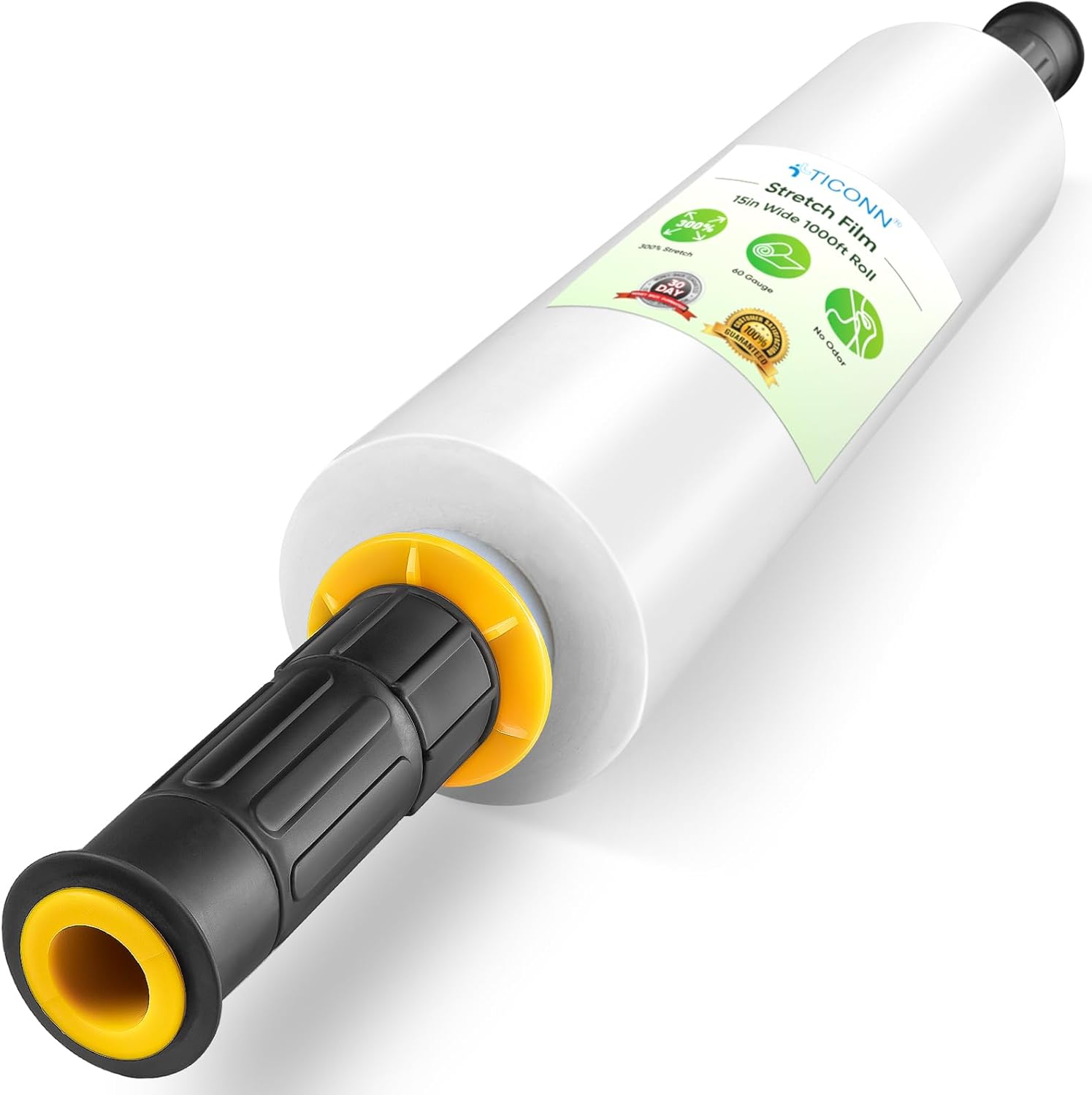 TICONN Stretch Wrap - 1000ft Industrial Strength Clear Plastic Film Roll with Handles | 15 Inch Wide for Pallet Wrapping