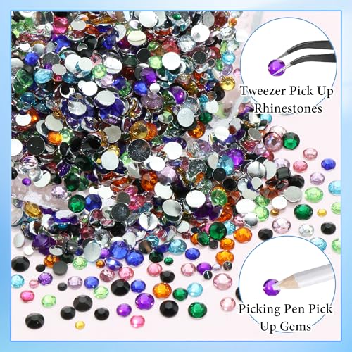RODAKY Resin Nail Rhinestones Kit with Tweezers and Pickup Pencil, Mixed Size Flatback Gems for Nail Art and DIY Crafts