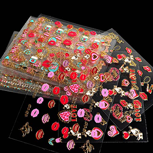 Valentine's Day 3D Gold Nail Decals - Lips & Hearts Self-Adhesive Art 30 Pcs