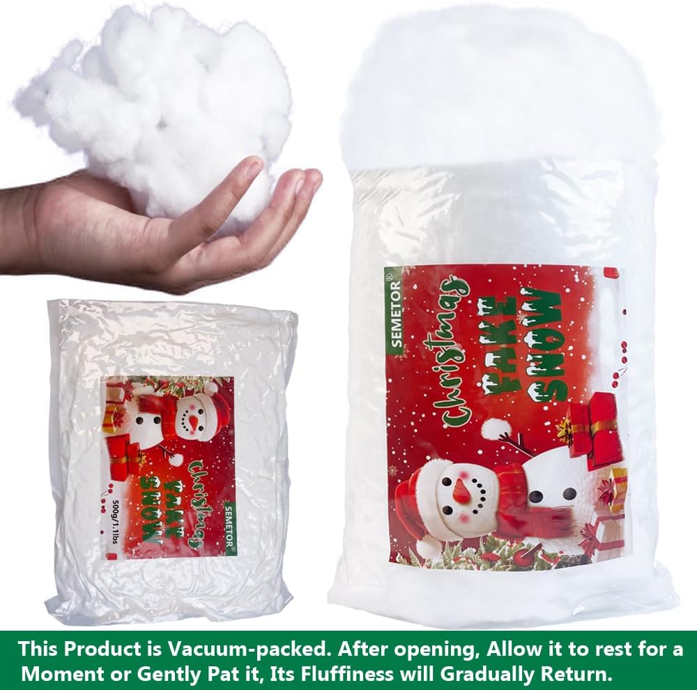 Skiennix Christmas Fake Snow Decor - 1LB Hypoallergenic & Flame-Resistant Artificial Snow Cotton | Easy Fluffing for Holiday Displays