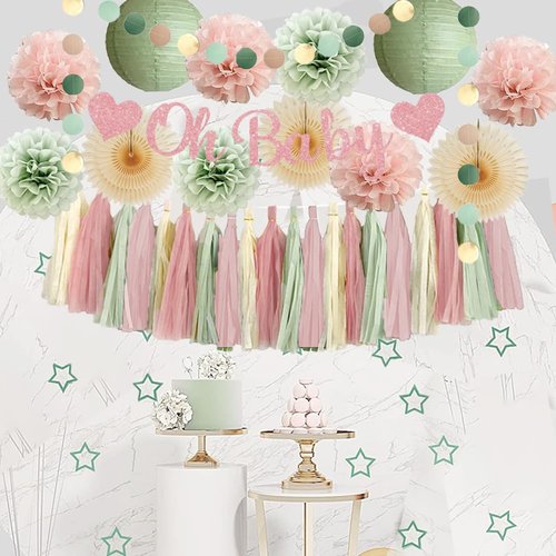 Sage Green and Blush Pink Baby Shower Decorations Oh Baby Shower Decorations for Girl Dusty Rose and Sage Green Beige Boho Pastel Dusty Pink Party Decorations with Cream Tassel Garland