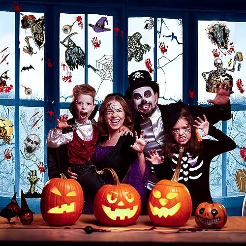63PCS Halloween Window Clings - Bloody Handprints & Skeletons