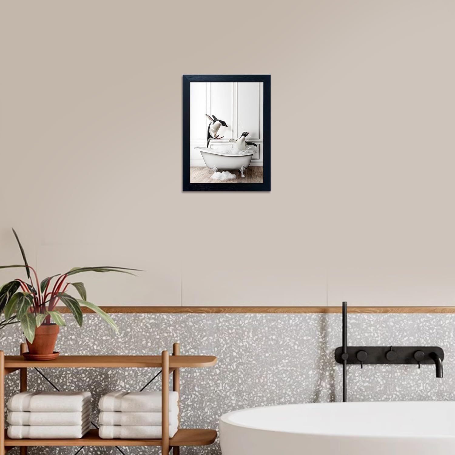 Skiennix Kids Bathroom Decor - Cute Penguin Canvas Print | Funny Black & White Wall Art