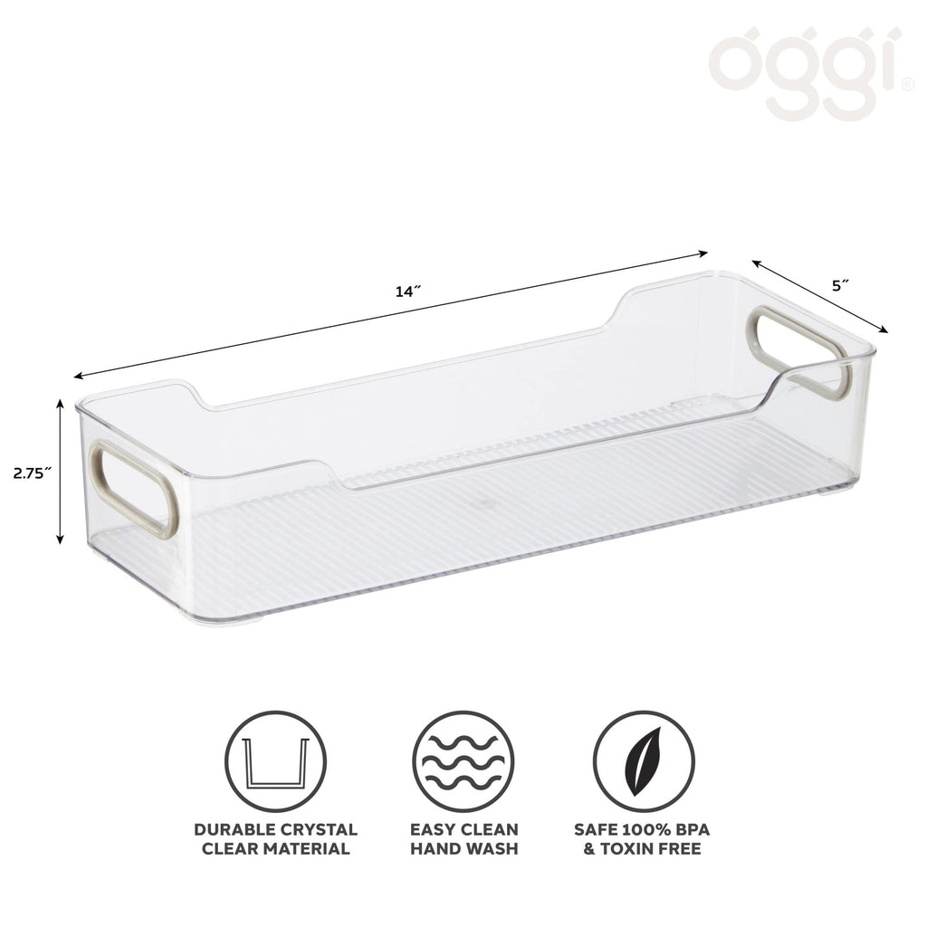 Oggi Cabinet/Drawer Storage Bin - 14" x 5" (Set of 6), Clear/Gray, Ideal for Kitchen Organization, Pantry Storage, Fridge Organizing