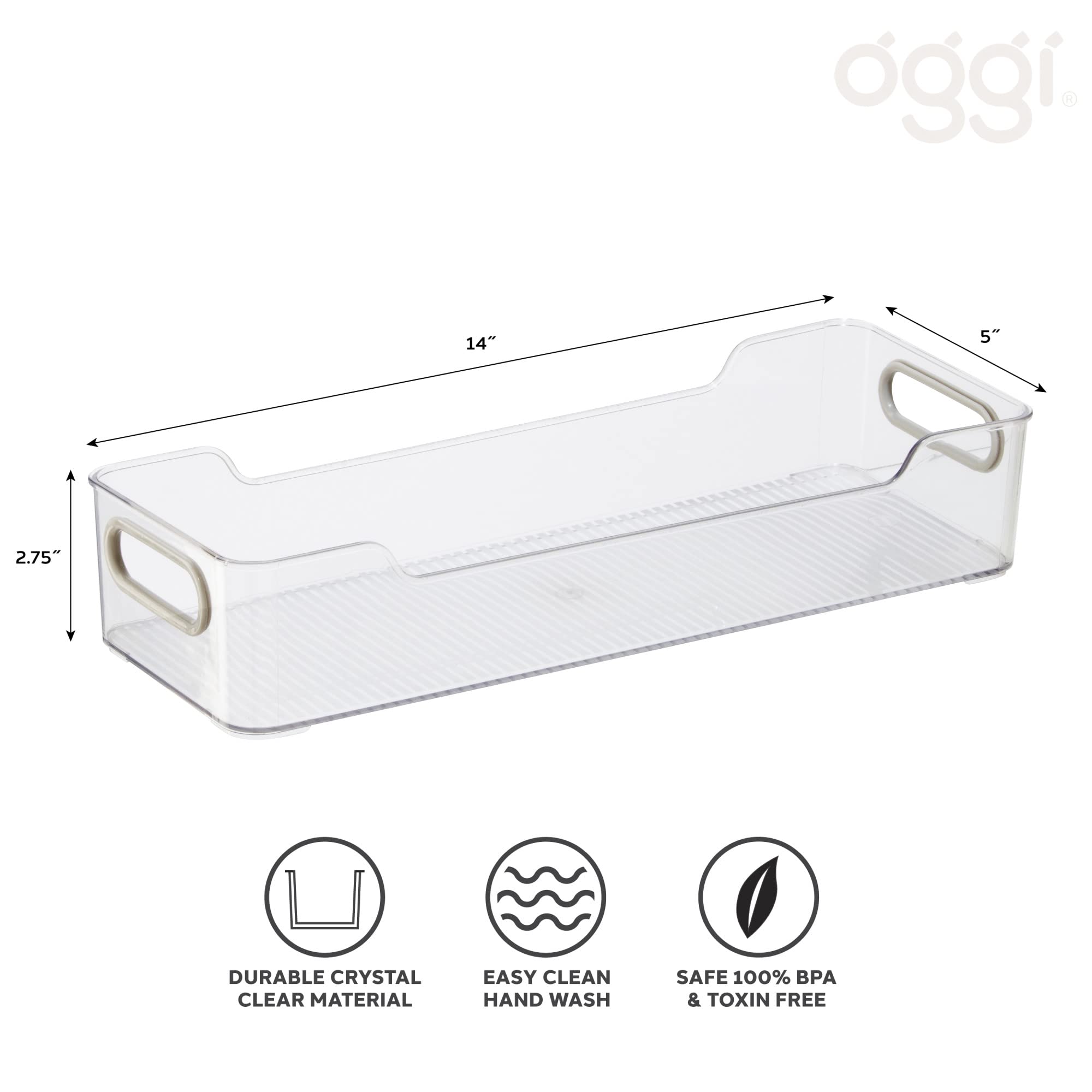 Oggi Cabinet/Drawer Storage Bin - 14" x 5" (Set of 6), Clear/Gray, Ideal for Kitchen Organization, Pantry Storage, Fridge Organizing