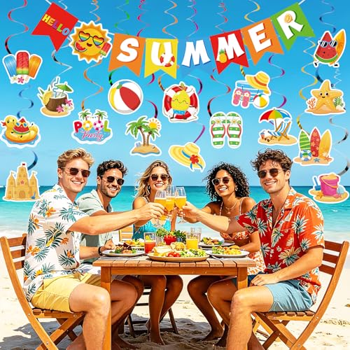 Summer Party Decorations Set - Summer.rich Tropical Banner & Hanging Swirls