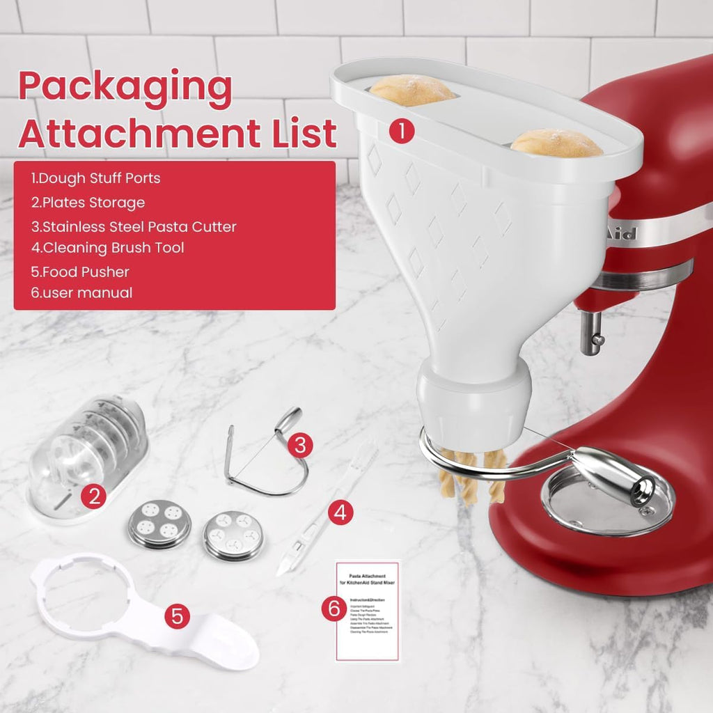 Kainasch 6-Piece Pasta Maker Attachment for KitchenAid Stand Mixer, Heavy Duty Homemade Pasta Press with Dual Feed Ports, Includes 6 Shaping Discs, Dishwasher Safe & Easy Clean Accessories