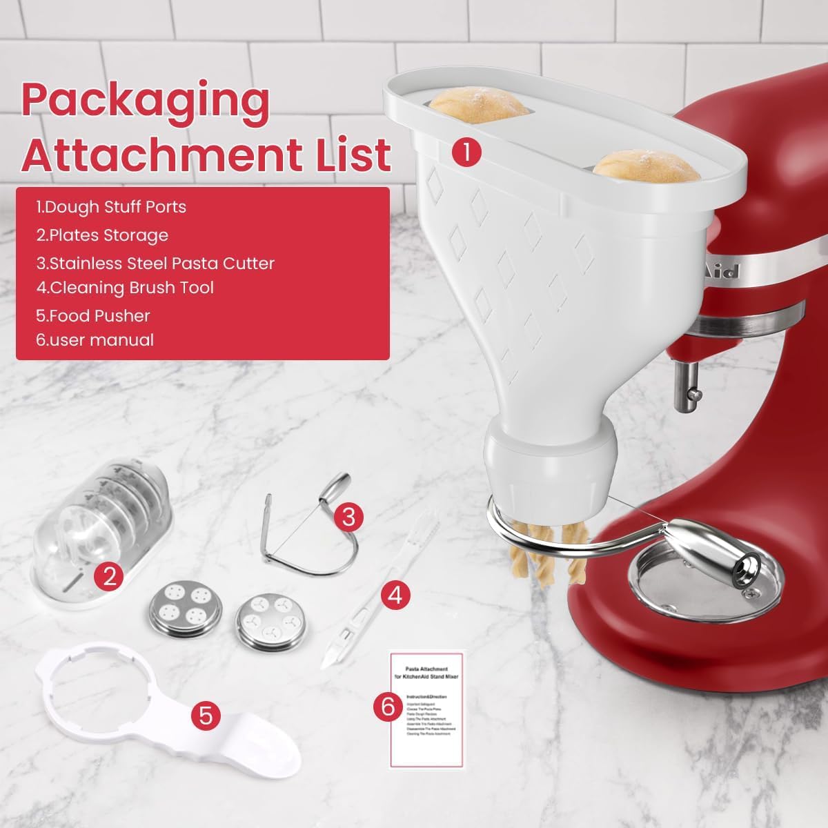 Kainasch 6-Piece Pasta Maker Attachment for KitchenAid Stand Mixer, Heavy Duty Homemade Pasta Press with Dual Feed Ports, Includes 6 Shaping Discs, Dishwasher Safe & Easy Clean Accessories