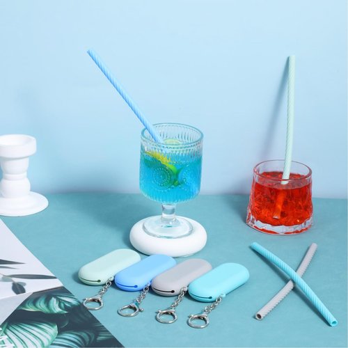 Ymapinc 4Set Reusable Straws Silicone with Case,Portable Travel Straws for Party Travel Cold or Hot with 4 Cleaning Brushes 4 Case(Green,Blue,Deep Blue,Gray）