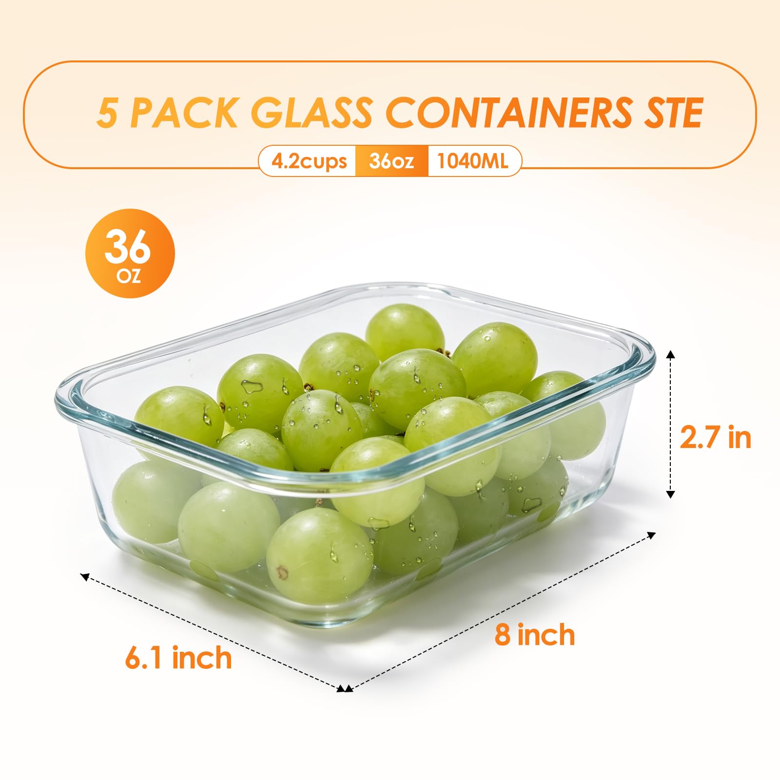 KEKEGO 5 Pack 36oz Glass Storage Containers with Lids, Glass Meal Prep Food Container Sets with Snap Airtight Lid for Microwave, Oven, Freezer and Dishwasher, Grey