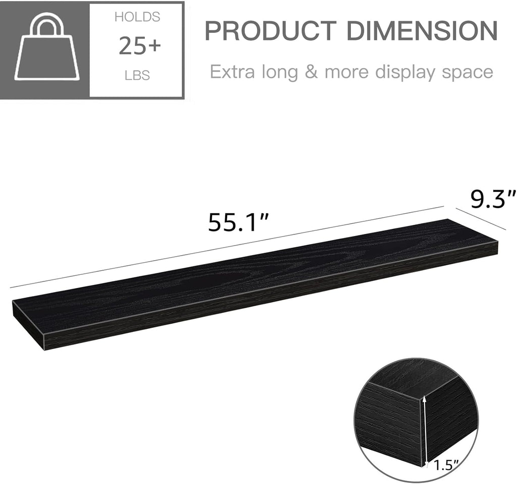 QEEIG Floating Shelves - Extra Long Wall Mounted Shelf Set of 2 for Home Decor | 55.1 x 9.3 Inch, Black