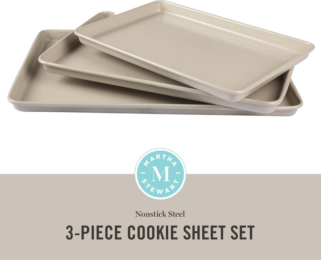 Martha Stewart Gallen 3-Piece Baking Sheet Set - Nonstick Ceramic Pans, Oven Safe to 450°F | Taupe, Warp-Resistant