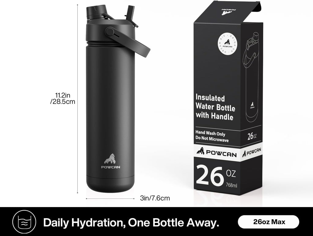 POWCAN 26 Oz Insulated Water Bottle - 2-in-1 Straw & Spout Lid, Keeps Drinks Cold 24H | Dark Knight