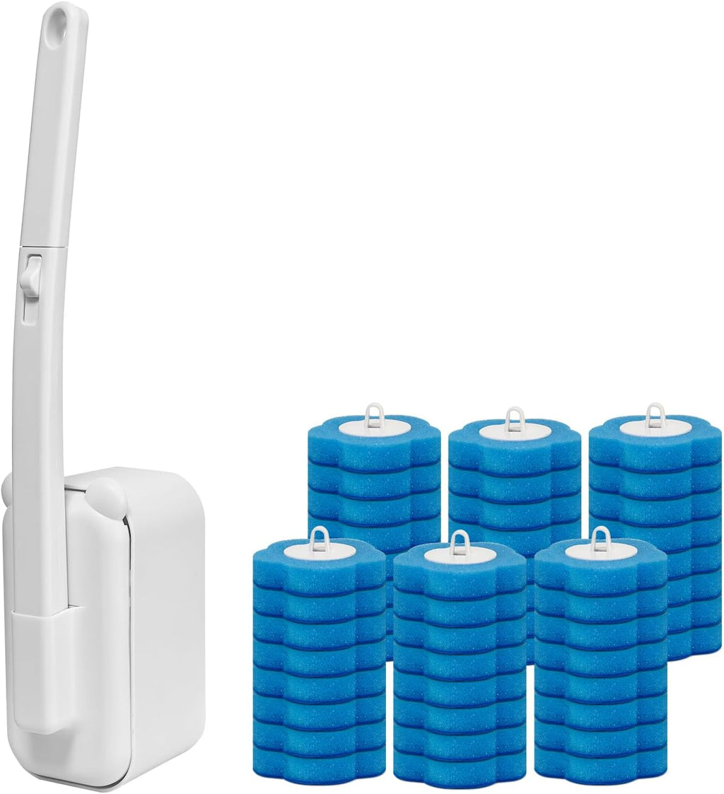 Skiennix Disposable Toilet Brush - 48 Refills Included | Wall-Mounted Holder for Deep Cleaning (White)