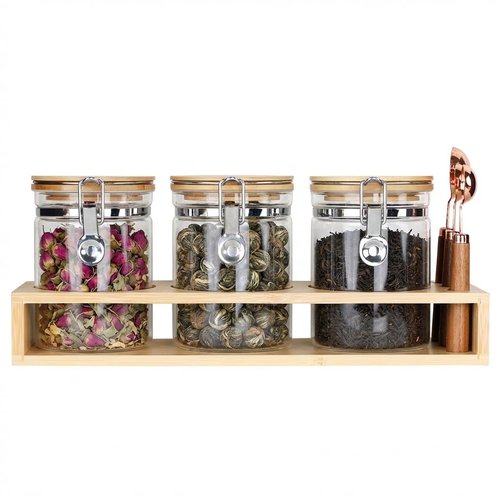 Airtight Glass Tea Containers with Bamboo Lids & Spoons (27oz) - Ultimate Storage Canisters for Loose Leaf Tea to Preserve Freshness & Flavor - Elegant Tea Caddy Jars for Kitchen & Pantry - Set of 3