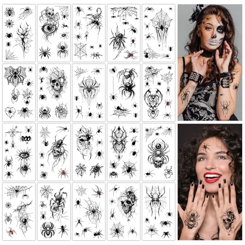 Konsait Spider Temporary Tattoos - 20 Sheets Halloween Spiderweb Face & Body Makeup
