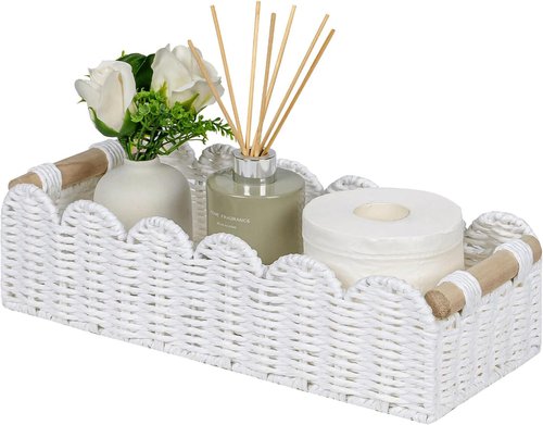 CubesLand Scalloped Edge Toilet Paper Storage Basket - Cozy Home Decor | White with 2 Wooden Handles