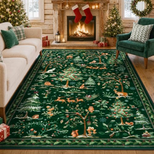 LIVEBOX Christmas 5x7 Green Area Rug - Holiday Tree & Santa Print, Washable Non-Slip Home Decor