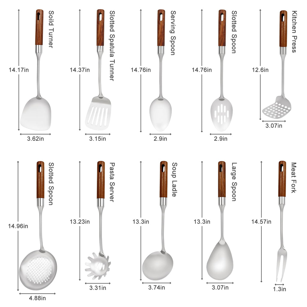 304 Stainless Steel Cooking Utensils Set with Wood Handle,10 Piece Metal Kitchen Utensils Dishwasher Safe Heat Resistant Serving Utensil Wok Tools (13-14in)