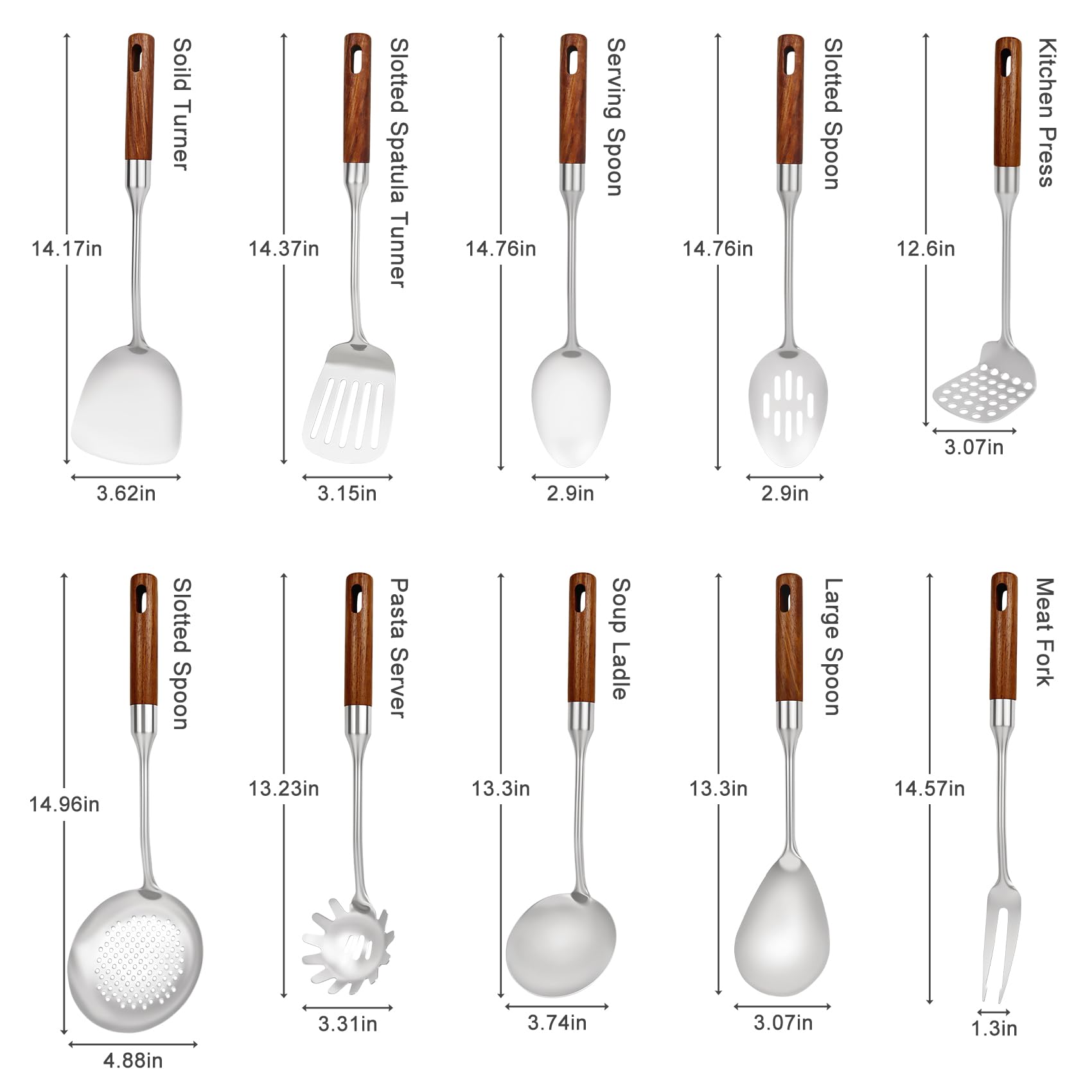 304 Stainless Steel Cooking Utensils Set with Wood Handle,10 Piece Metal Kitchen Utensils Dishwasher Safe Heat Resistant Serving Utensil Wok Tools (13-14in)