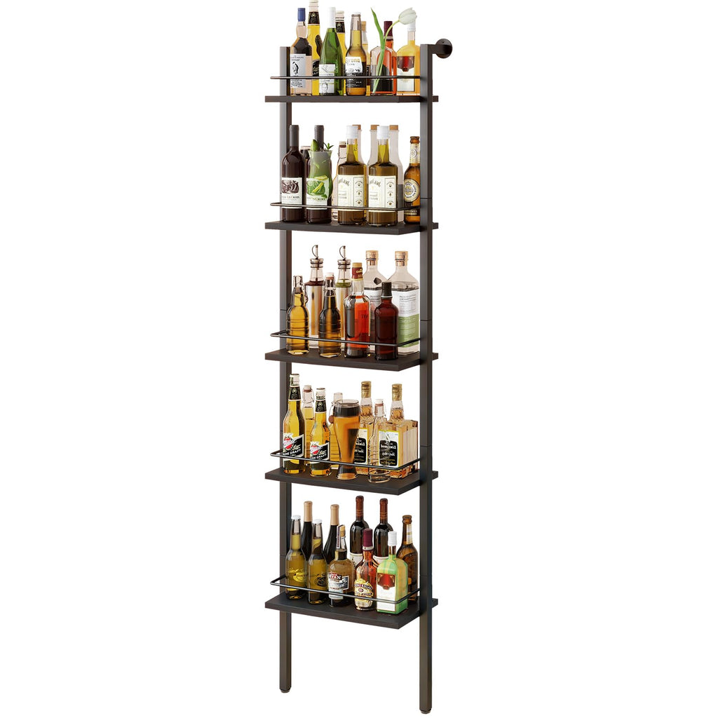 YMYNY 5-Tier Freestanding Wine Racks，Liquor Bottle Display Shelf with Fences, Wall Mounted Floating Shelf Storage Stand for Kitchen, Dining Room, 16.93" L x 7.87" W x 69.68" H Black UHWR001B
